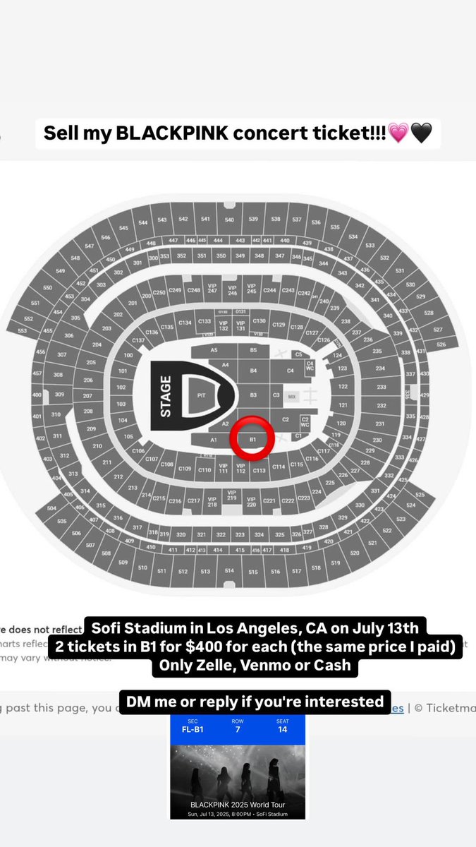 btewineee's tweet photo. Selling BLACKPINK Tickets at SoFi on Sunday 7/13
Section B1, Row 7, Seats 14–15

Selling for final price of $700 (Pairs only)
Original price $800

Meet up to transfer tickets in person around bay area, CA
DM me or reply if you're interested
#BLACKPINK #블랙핑크 #DEADLINE #YG https://t.co/i3rffB5M4i