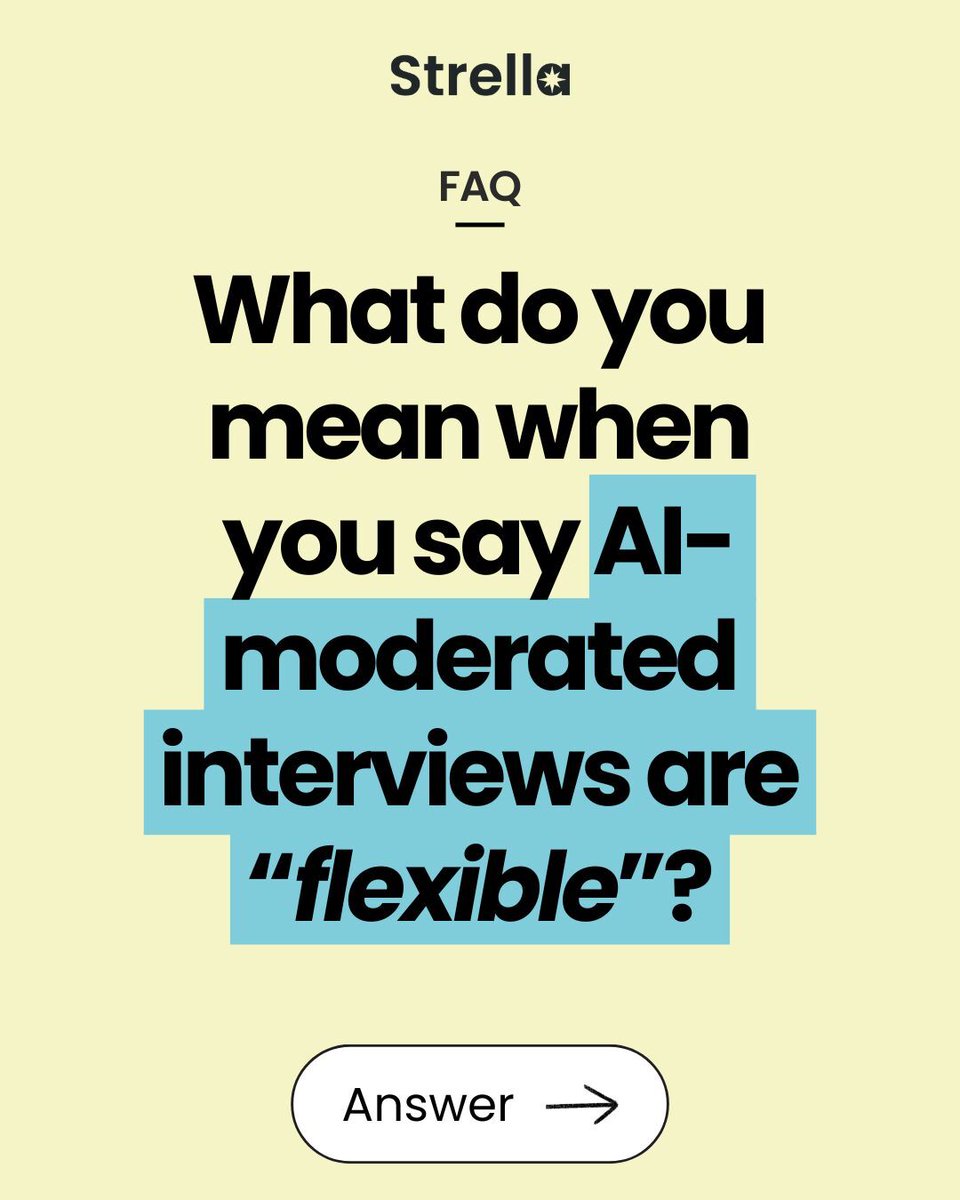 strella_io's tweet photo. Your research needs change fast. Strella helps you keep up.
Whether you're testing early ideas or running studies across markets, our AI-moderated interviews flex with you - across scale, language, length and setup.

🔗 Want to learn more? Visit https://t.co/17scjMoWCn https://t.co/xjITGae6w6