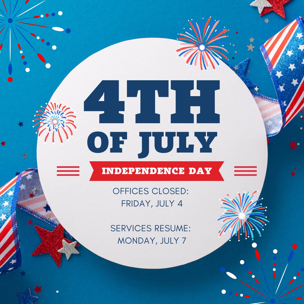 LACAssessor's tweet image. In observance of the 4th of July, our offices will be closed on Friday, July 4. Services will resume on Monday, July 7.