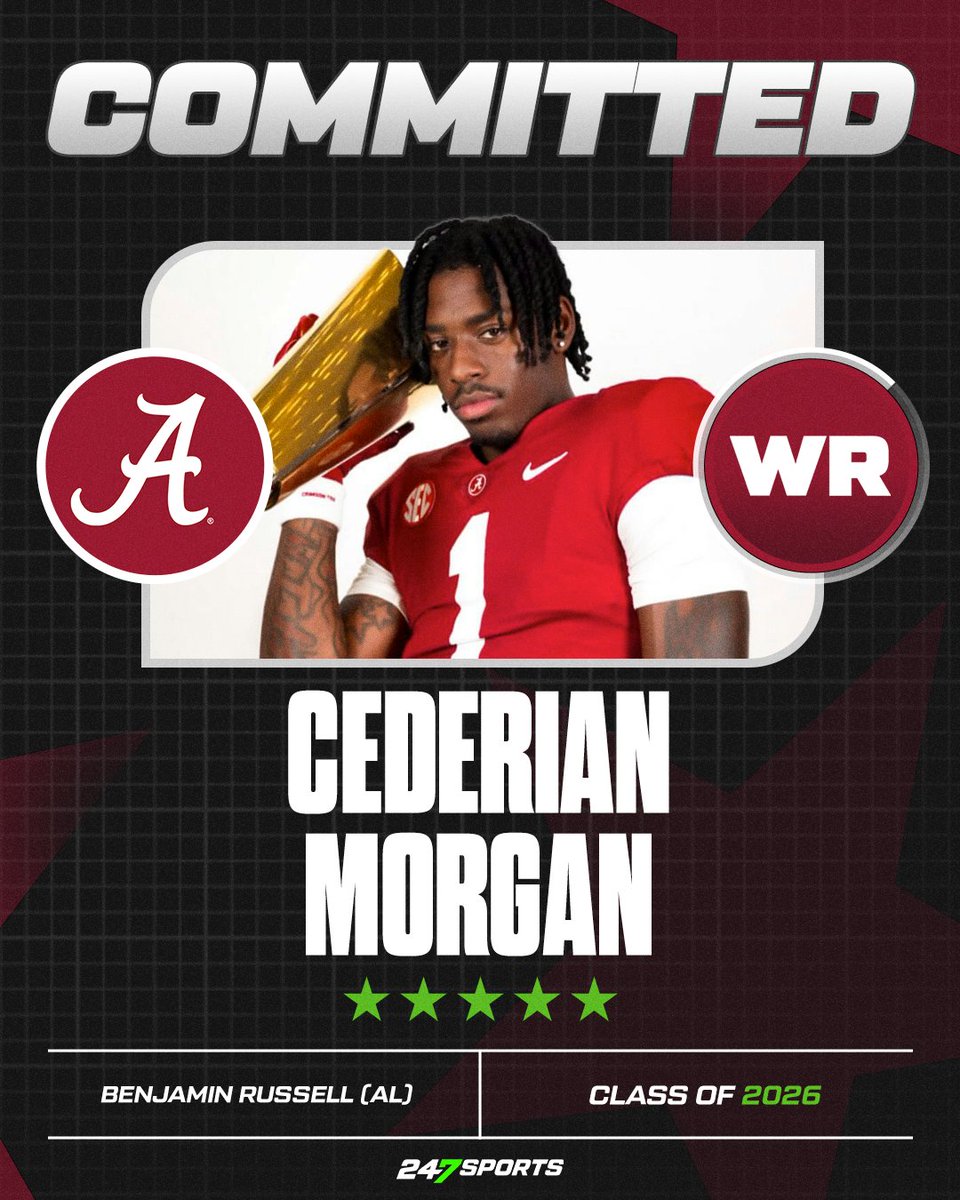 BREAKING: ⭐️⭐️⭐️⭐️⭐️ Cederian Morgan has committed to Alabama over Auburn, Florida, Colorado &amp; Georgia!

6-foot-4, 210-pounder is the No. 1 player in the state and No. 2 receiver in the 2026 class.

<a href="/CoachShephard/">Coach Shephard</a> lands one of the best in the country!

🐘 bit.ly/44o9GKU