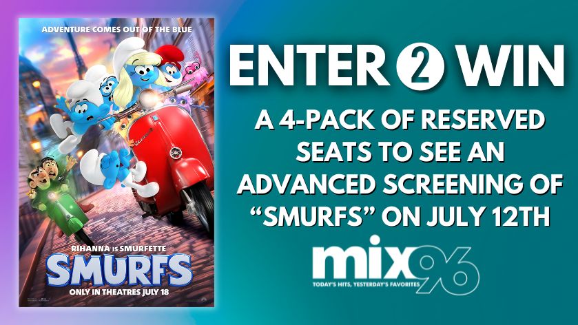 Enter to win a 4-pack of reserved seats to see an advanced screening of “Smurfs” at Cinemark Century Arden 14 and XD on July 12th! 🎟️🍿 Head over to MIX96SAC.COM to enter to win!