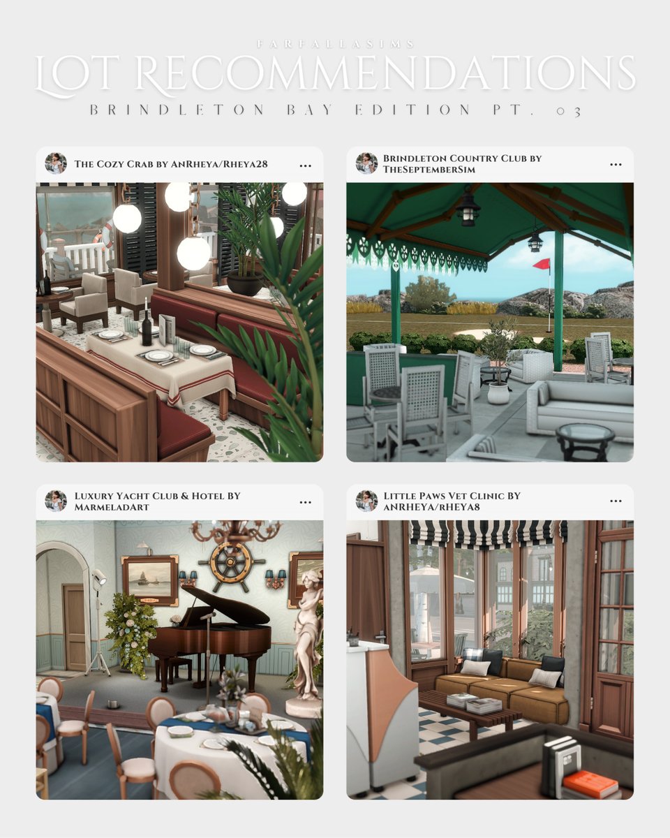 Lot Recommendations | Brindleton Bay Edition 🧭

Lots include CC and Non-CC options! All lot information on my Tumblr.

#TheSims4 #Sims4Gallery