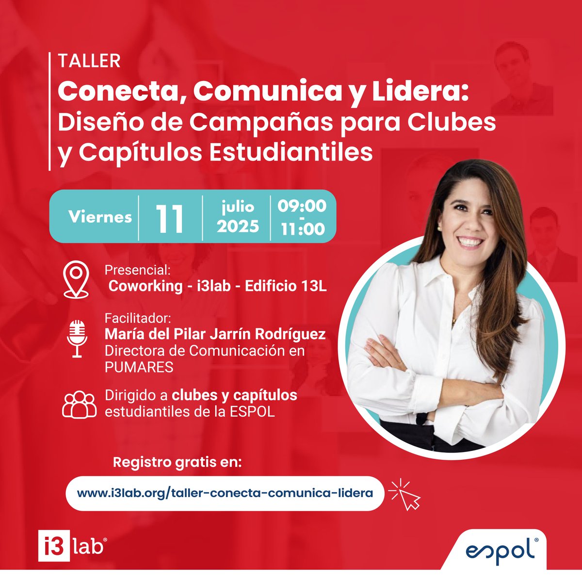 📣 ¡Atención clubes y capítulos estudiantiles de la <a href="/espol/">ESPOL</a>!
Aprende a diseñar campañas efectivas en el taller Conecta, Comunica y Lidera🙌
🗓 11 julio | ⏰ 09h00 | 📍Coworking i3lab - Edif. 13L
🎙 Con María del Pilar Jarrín (PUMARES)

🔗 Regístrate gratis: i3lab.org/taller-conecta…