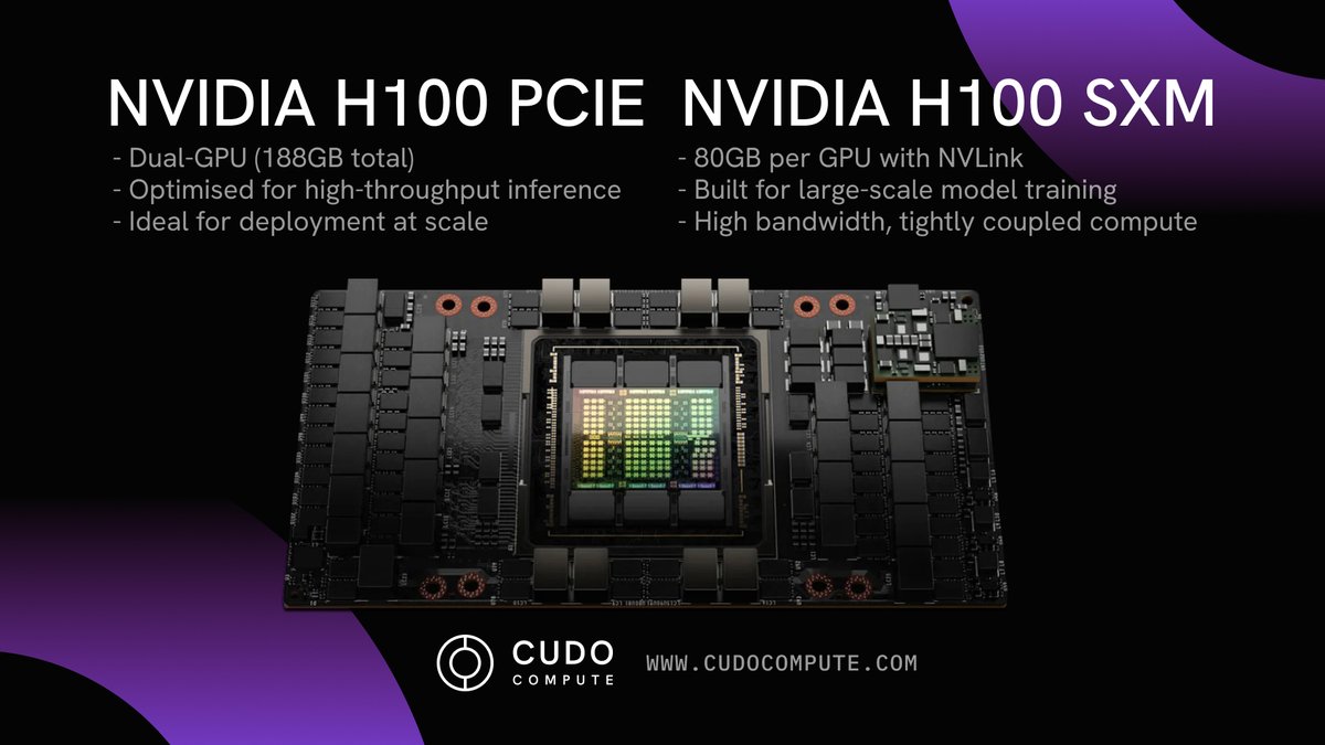 CUDO Compute (@cudo_compute) on Twitter photo ๐๐๐๐ข๐๐ข๐ง๐ ๐๐๐ญ๐ฐ๐๐๐ง ๐ญ๐ก๐ ๐๐๐๐ ๐๐๐๐ ๐ฏ๐ฌ ๐๐๐๐ ๐๐๐?
Here's the breakdown:
The H100 PCIE is for high-throughput inference.
From $1.75/hr: compute.cudo.org/?create=virtuaโฆ
The H100 SXM is for complex training & scaling.
From $1.84/hr: compute.cudo.org/?create=virtuaโฆ ๐๐๐๐ข๐๐ข๐ง๐ ๐๐๐ญ๐ฐ๐๐๐ง ๐ญ๐ก๐ ๐๐๐๐ ๐๐๐๐ ๐ฏ๐ฌ ๐๐๐๐ ๐๐๐?
Here's the breakdown:
The H100 PCIE is for high-throughput inference.
From $1.75/hr: compute.cudo.org/?create=virtuaโฆ
The H100 SXM is for complex training & scaling.
From $1.84/hr: compute.cudo.org/?create=virtuaโฆ
