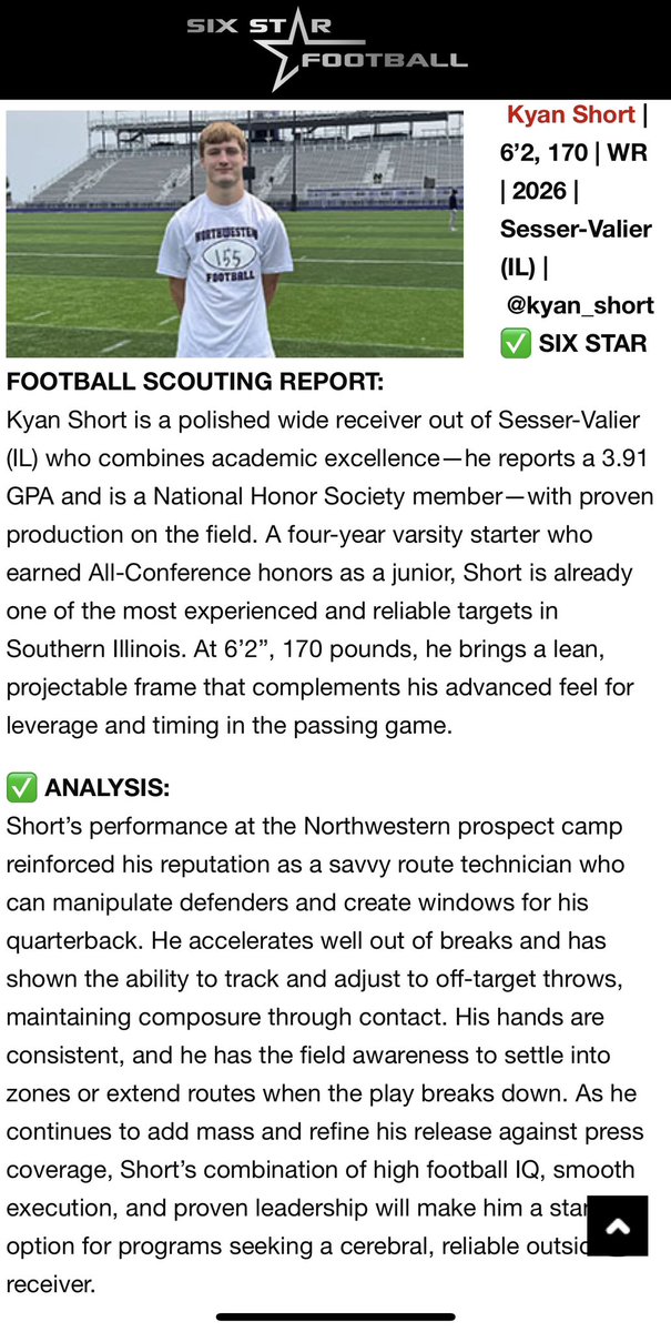 Thank you <a href="/sixstarfootball/">Six Star Football | PLUS+</a> for the scouting writeup and analysis of my performance at Northwestern Camp.