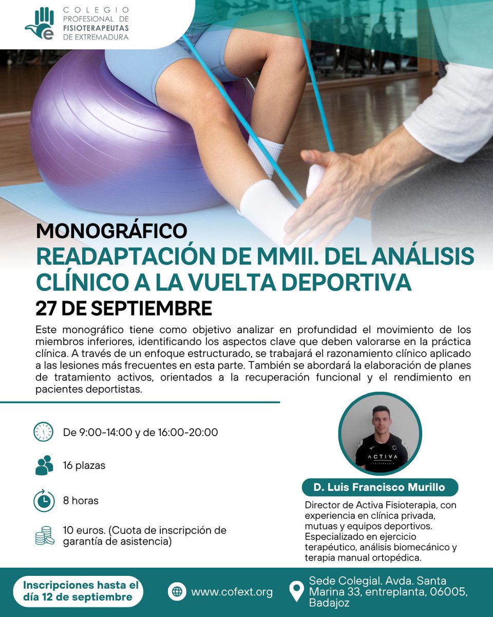 📢 ¡Aún quedan plazas disponibles para este curso!

🗓 27 de septiembre

📍 Sede colegial COFEXT

📝 Inscripciones abiertas hasta el 12 de septiembre

👥 Exclusivo para fisioterapeutas colegiados

Más info en👇🏻
📲 cofext.org/monografico-re…