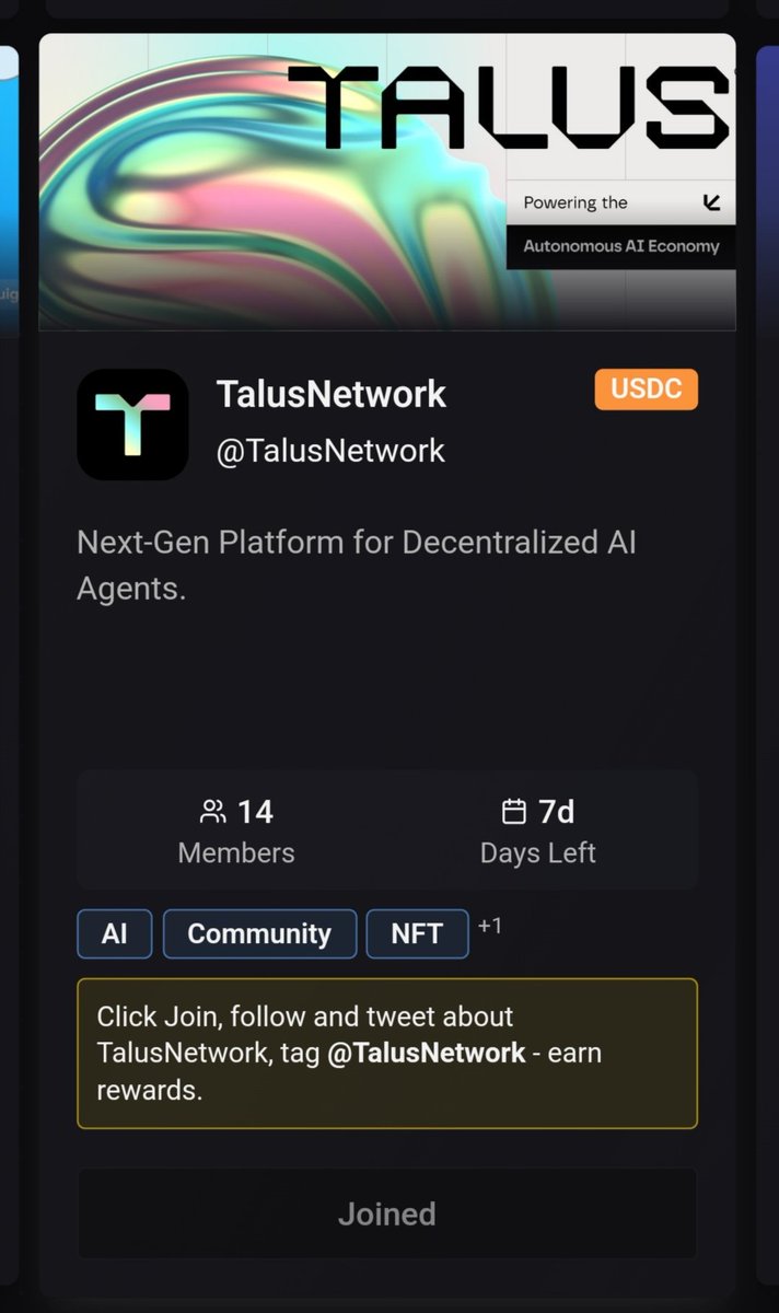 bigbull2255's tweet photo. Hello 🙋♂️ @GiveRep FAM 🫂
New One @TalusNetwork is Ongoin
Participate And Earn $USDC Guyss📈
Next-Gen Platform For Decentralized
Al Agent 🕵
#GiveRep #talusnetwork #Web3AI #testnet #beginer #CryptoLaunch #Asia https://t.co/vxegdbJQQm