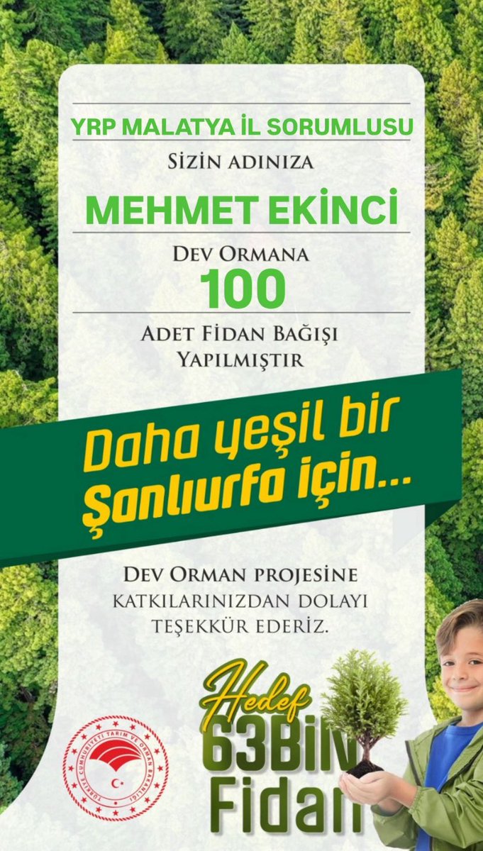 Çağrımıza sesiz kalmayıp Urfa için elini taşın altına koyan YEŞİL URFA projesi için 100 adet fidan bağışında bulunan sn başkan <a href="/MehmetEkinci63/">Mehmet EKİNCİ 🇹🇷</a> katkılarından dolayı teşekür ediyorum.