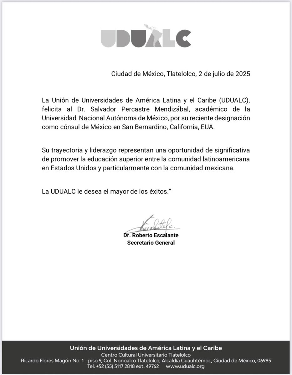 Agradezco a la <a href="/UDUALC/">UDUALC</a>, a su presidente y a su secretario general por tan especial felicitación