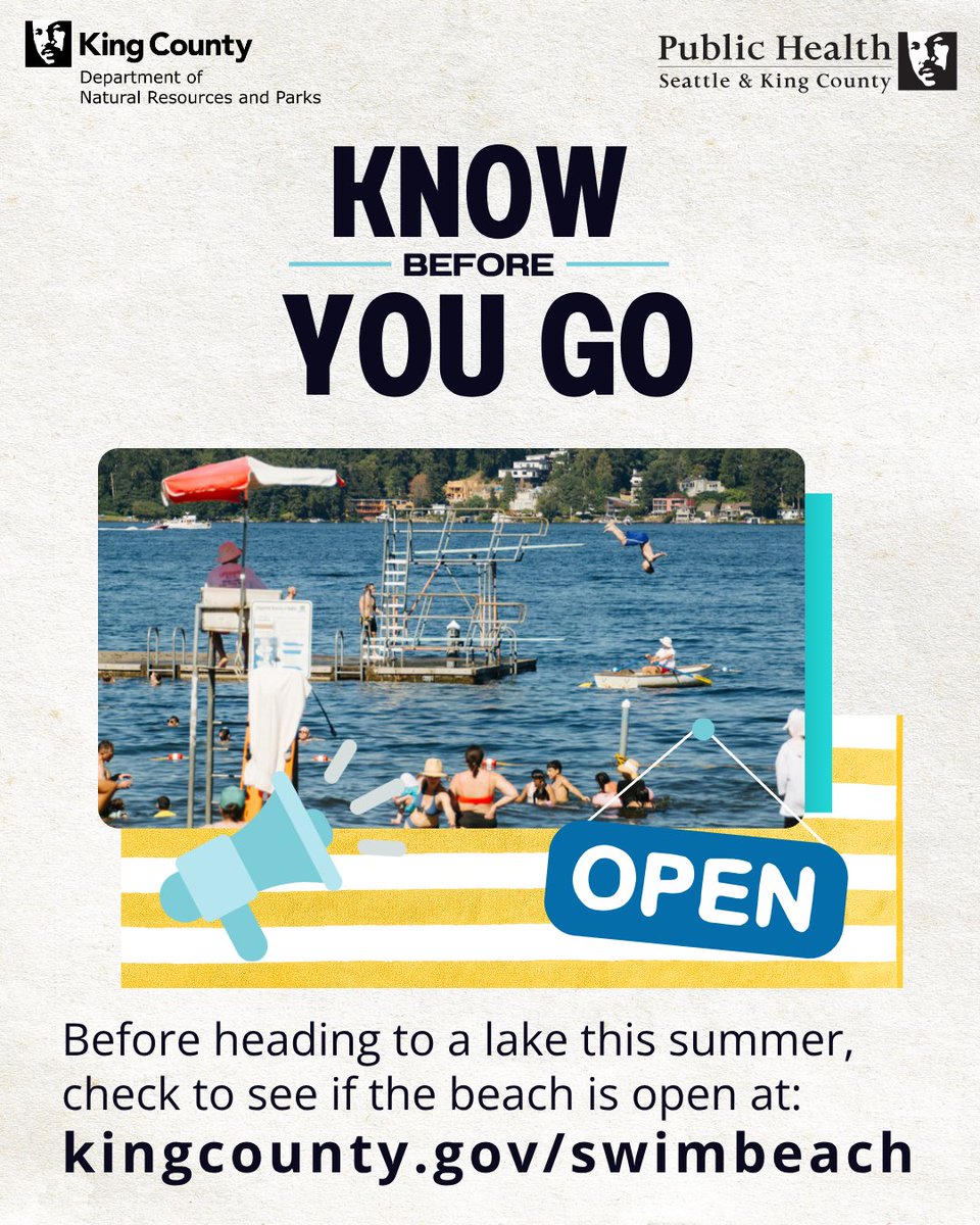 KCPubHealth's tweet image. We test the water at King County lake beaches every week for bacteria that tell us if there’s poop in the water. Poop can carry many germs that can make people sick. Check the website to find a healthy beach! kingcounty.gov/swimbeach