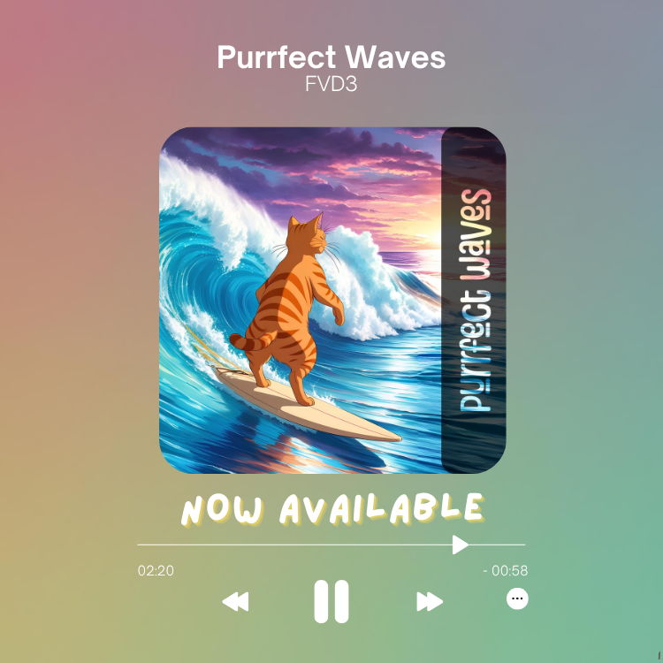 fvd3music's tweet photo. The waves are calling, and they're "Purrfect"! 🏄‍♀️🐱 My new EP, "Purrfect Waves," just dropped! Get lost in hazy melodies &amp; groovy rhythms—your ultimate escape to a dreamy lofi beach. Stream it everywhere now (link in bio)!
#spotify  #surfrock #lofibeats #lofivibes https://t.co/0nlqKNhAfR
