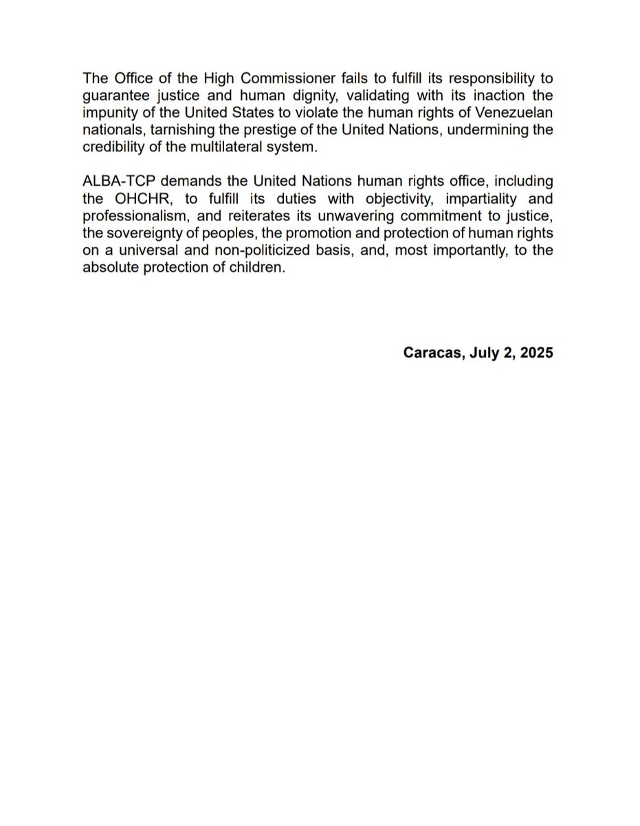 #Communiqué | ALBA demands the Office of the United Nations high Commissioner for Human Rihths to comply whit its responsability to address the institutionalized kidnapping and forced retention of venezuelan children and adolescents in the United States

The member countries of
