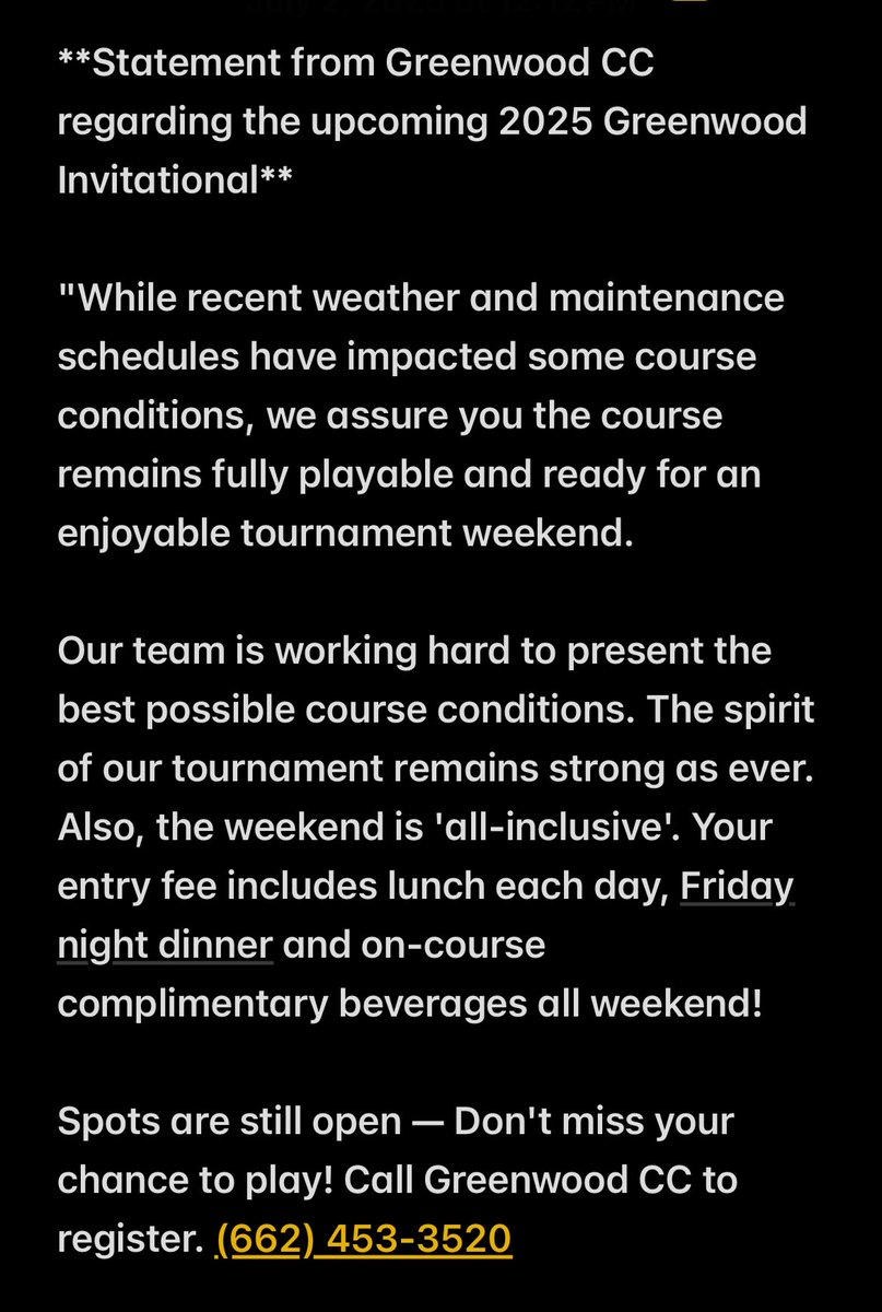 Statement from Greenwood CC regarding the upcoming 2025 Greenwood Invitational⬇️