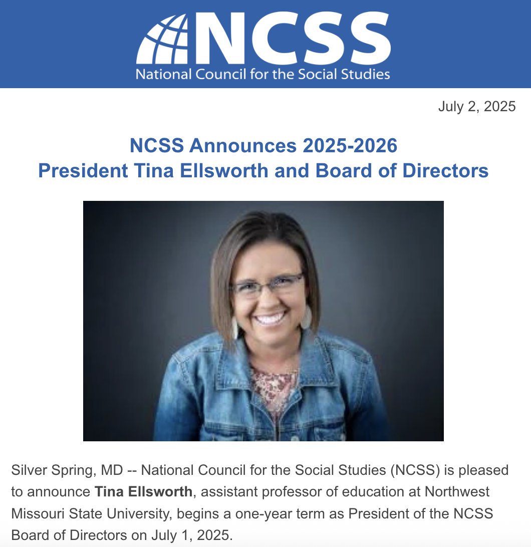 National Council for the Social Studies is pleased to announce 2025-26 NCSS President Tina Ellsworth and our Board of Directors, who have assumed their Board and Officer roles as of July 1, 2025: hubs.li/Q03vF7-n0