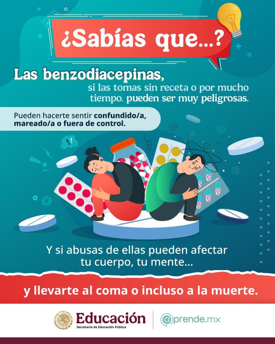 SeducEdoMex's tweet image. 📢 ¡Atención, jóvenes!
Las benzodiacepinas pueden provocar mucho más que sueño:
⚠️ Confusión
⚠️ Mareos
⚠️ Daños graves a tu cuerpo y mente

Incluso pueden llevarte al coma o a la muerte.

No te arriesgues.

Infórmate y #EligeSerFeliz 💪
👉 lineadelavida.gob.mx