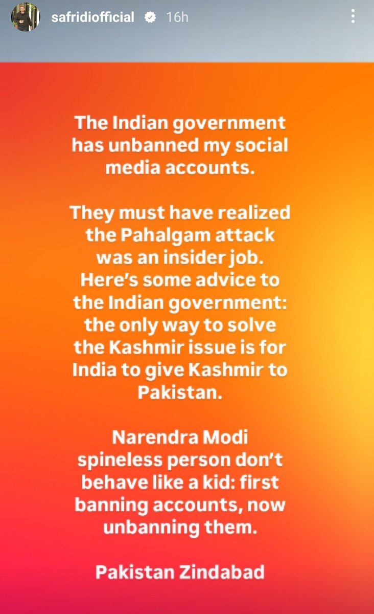 pranayslife's tweet photo. Shahid Afridi mocking India and calling PM Modi "spineless" after his accounts were unbanned is a direct insult to our sovereignty. If this govt values national pride, it must stop bending to such provocations and reimpose the ban immediately. https://t.co/0VONZQiv2m