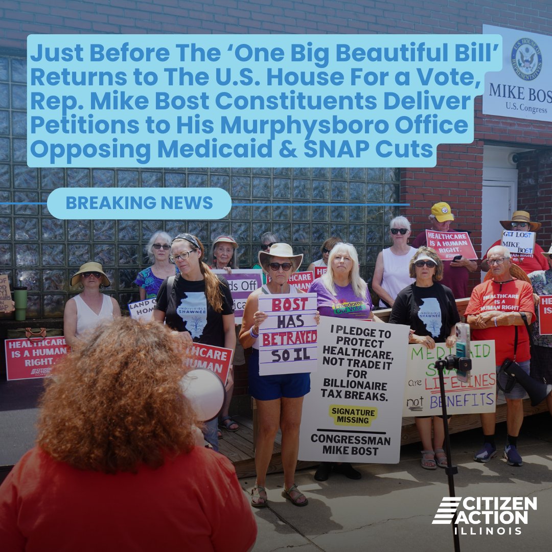 CitizenActionIL's tweet image. Yesterday, we joined Indivisible Shawnee in Murphysboro, IL to hand deliver petitions from Rep. Mike Bost&apos;s own constituents calling on him to oppose any cuts to Medicaid and SNAP in the &apos;One Big Beautiful Bill.&apos;

CALL Rep. Bost TODAY  📞 (202) 224-3121