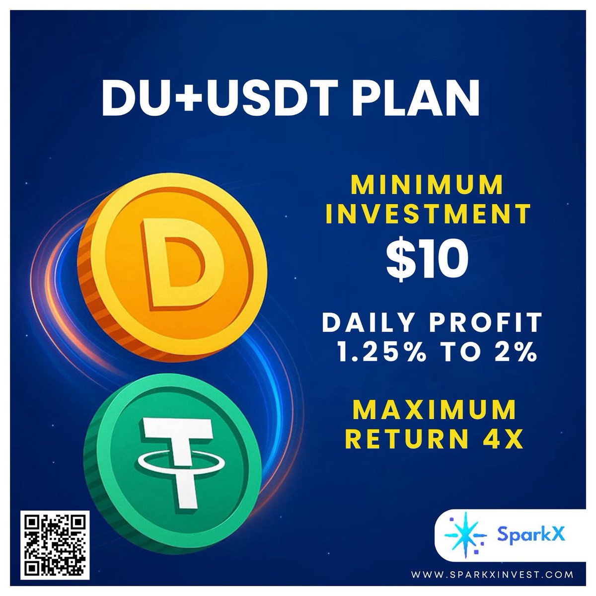 SsparkkX's tweet image. Earn up to 2% Daily by Using Du Coins in SparkX!
🔥 Multiply your earnings — Convert them into 4X
Start today and watch your crypto grow!
#DuCoin #SparkX #DailyROI #CryptoEarnings #4xProfit