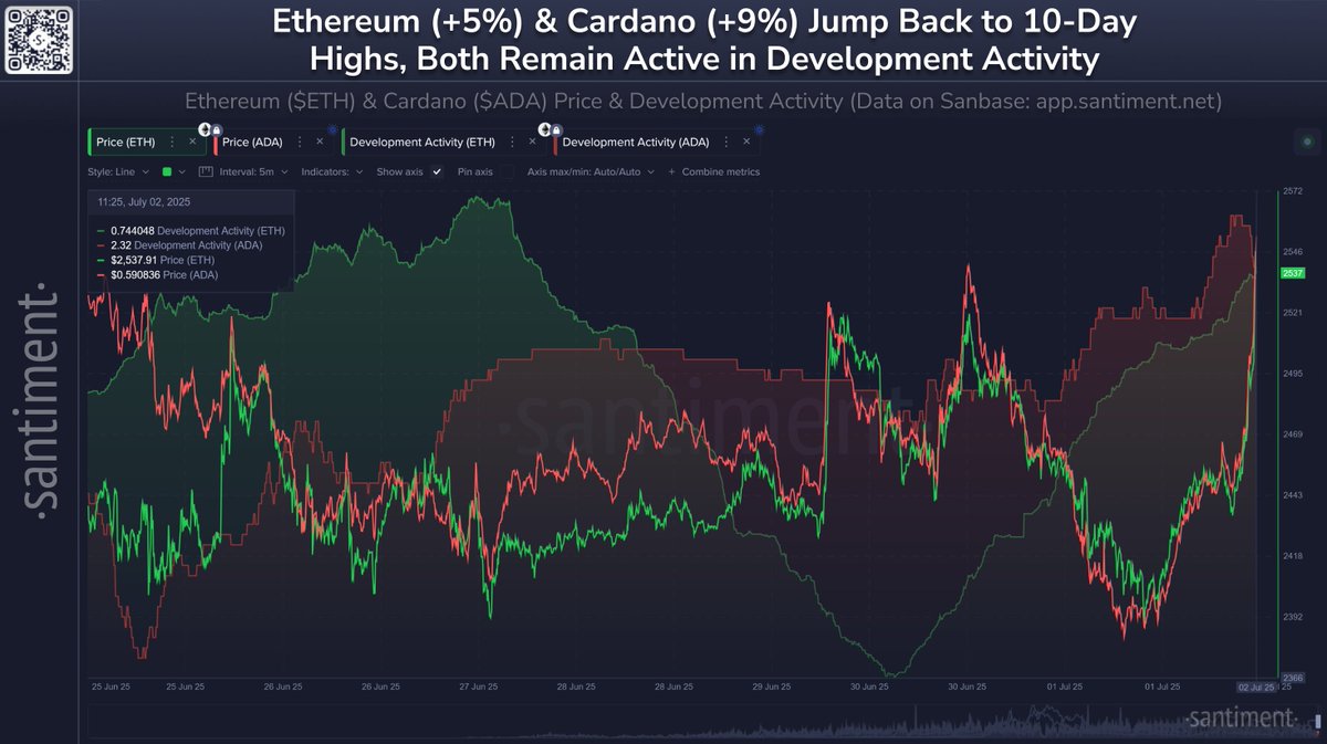 📈🧑‍💻 Ethereum (+5%) and Cardano (+9%) are both thriving on a nice  rebound day for crypto. The two top cap assets have been consistent leaders  in development activity, where the $ETH team