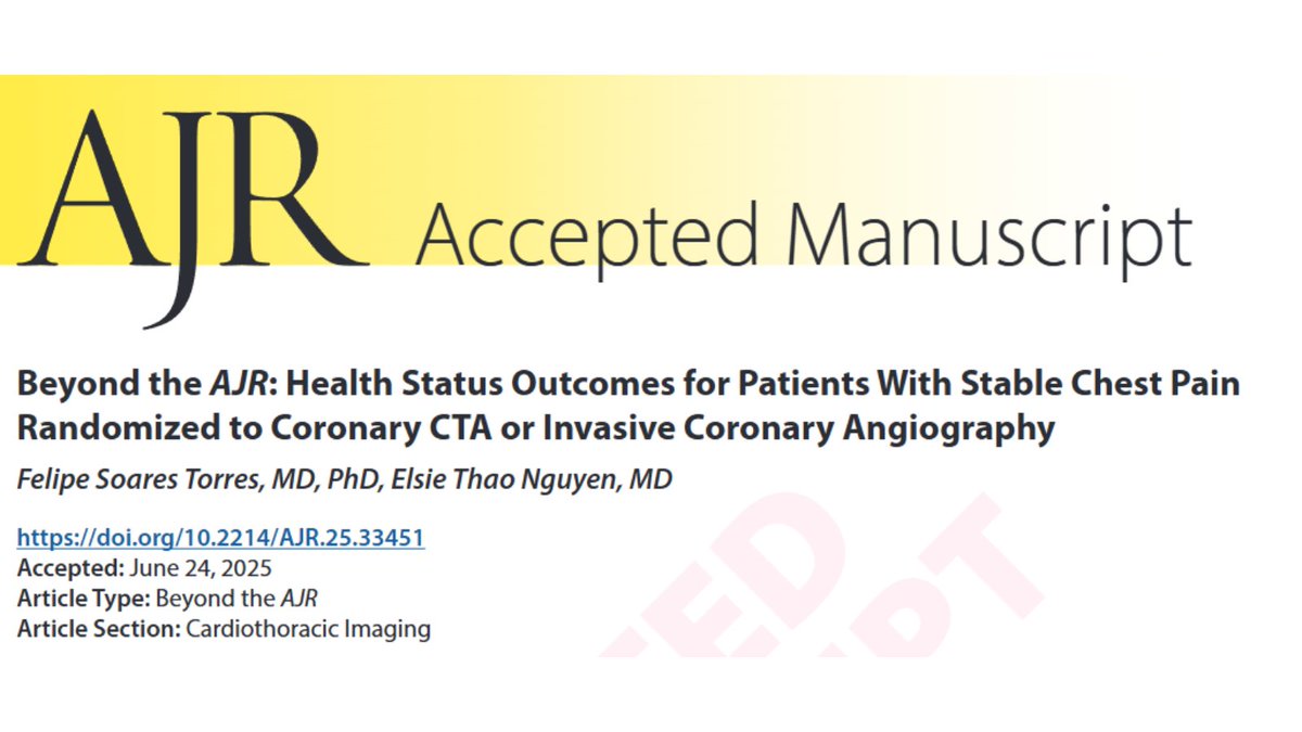 arosenkrantzmd's tweet image. New @AJR_Radiology Accepted Manuscript:
"Beyond the AJR: Health Status Outcomes for Patients With Stable Chest Pain Randomized to Coronary CTA or Invasive Coronary Angiography"
By Drs @felstorres & @ElsieRadiology @UofTMedIm
ajronline.org/doi/10.2214/AJ…