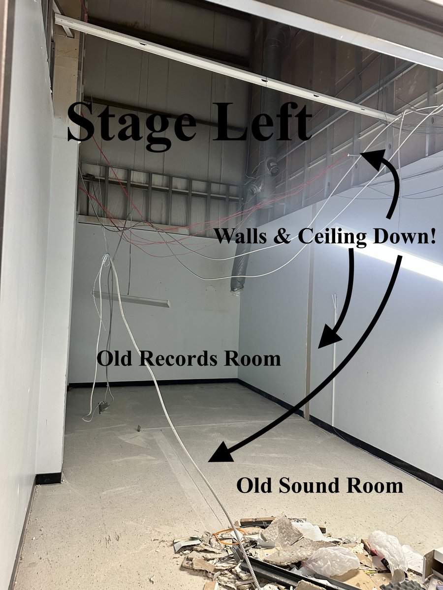 On stage left, the old sound room and records room have been demoed. Now we will have a scene shop! There will also be an opening to get to the new extended stage from this room! #CougarPride #EmpoweredbyChristEnrichingOurFuture