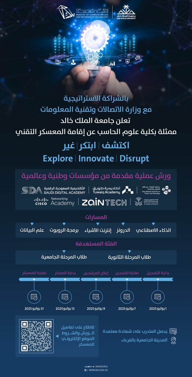 جامعة الملك خالد (@kkueduksa) on Twitter photo جاهز تعيش تجربة تقنية غير؟
ترقبوا المعسكر التقني بـ #جامعة_الملك_خالد بالشراكة الاستراتيجية مع وزارة الاتصالات وتقنية المعلومات <a href="/McitGovSa/">وزارة الاتصالات وتقنية المعلومات</a>..
اكتشف قدراتك، ابتكر فكرتك، وحدد مستقبلك:
events.kku.edu.sa/ar/event/EID-T… جاهز تعيش تجربة تقنية غير؟
ترقبوا المعسكر التقني بـ #جامعة_الملك_خالد بالشراكة الاستراتيجية مع وزارة الاتصالات وتقنية المعلومات <a href="/McitGovSa/">وزارة الاتصالات وتقنية المعلومات</a>..
اكتشف قدراتك، ابتكر فكرتك، وحدد مستقبلك:
events.kku.edu.sa/ar/event/EID-T…