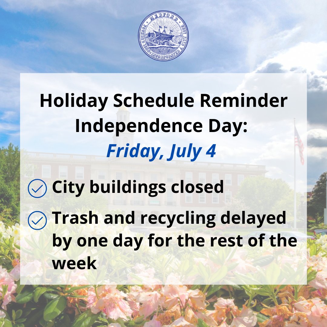 Reminder that City Hall will be closed on Friday, July 4 in observance of Independence Day. Please note that trash/recycling pickup will be delayed by one day due to the holiday.