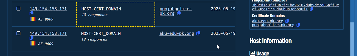 volrant136's tweet photo. #APT #Sidewinder | A recent #FOFA hunt uncovered new domains mimicking key #Pakistani entities.

🐦Query :  https://t.co/cBQ2PtHK5X

🧩 Targets include:

1. Punjab Govt -> punjab-pk[.]org
2. Punjab Police -> punjabpolice-pk[.]org
3. Karachi Port Trust (KPT) -> kptgov[.]org
4. Bank of Punjab -> punjab-bankpk[.]org
5. Aga Khan University (AKU) -> aku-edu-pk[.]org
6. Samaa TV -> samaa-tv[.]com, 
7. PK Media -> news-pk-media[.]news
+
8. Potential C2: vmi2186317[.]contaboserver[.]net
9. Generic Turkish Phish -> turkavic[.]org : 
10: Generic Police Phish-> alphapolice[.]org 

IPs:
162.252.173.31
162.252.174.213
151.236.20.64
162.252.172.118
162.252.174.168
162.252.172.74
162.252.172.63
151.236.16.104
149.154.158.171
213.199.62.247

@MichalKoczwara @500mk500 @malwrhunterteam