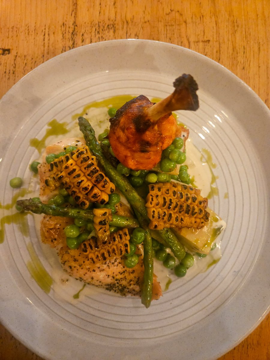 Cornfed chicken with potato parve, charred corn, asparagus,pea fricassee and Herb oil. Perfect for these sunny days. Book via our website thediningroom121.co.uk or give us a call on 01332 613991 #glutenfree #supportlocal  #glutenfriendly #visitderbyshire  #chicken