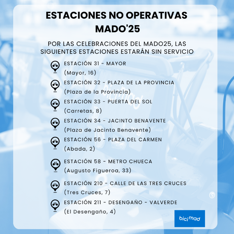 📢 Por las celebraciones del #OrgulloMadrid2025, algunas estaciones de #bicimad dejarán de estar operativas desde esta noche hasta el 7 de julio.

Consulta las estaciones aquí 👇