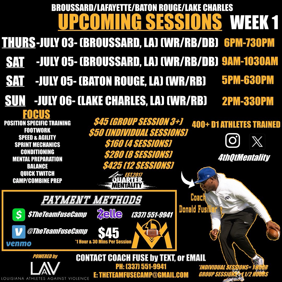 Let’s Get Active
Info On Flyer: Click Link To Register…. 👇🏾

🔗 docs.google.com/forms/d/e/1FAI…

Thursday/Saturday (Broussard)

Saturday (Baton Rouge)

Sunday (Lake Charles)

#4thQuarterMentality
#Development
#TakingTheShowOnTheRoad
#Community