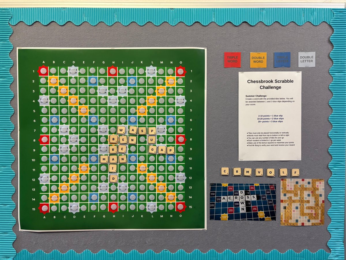 Chessbrookesc's tweet image. The final term of our Scrabble Challenge is now up in the English corridor – have a go!

Can you score more than 20 using the letters provided?

These interactive displays are a fun, visual way to keep students thinking about English throughout the day.