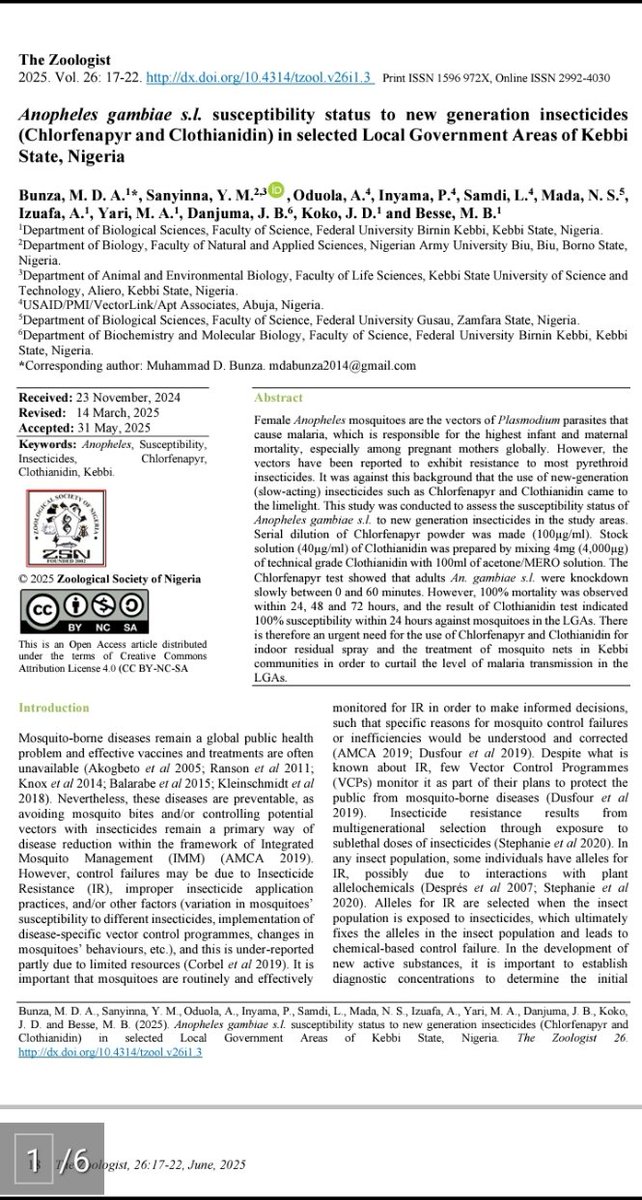 YMSanyinna's tweet photo. New Publication Alert! 🎉

I am thrilled to announce the publication of our article titled: "Anopheles gambiae s.l. Susceptibility Status to New Generation Insecticides (Chlorfenapyr and Clothianidin) in Selected Local Government Areas of Kebbi State, Nigeria". https://t.co/6E2Yd7UlL7
