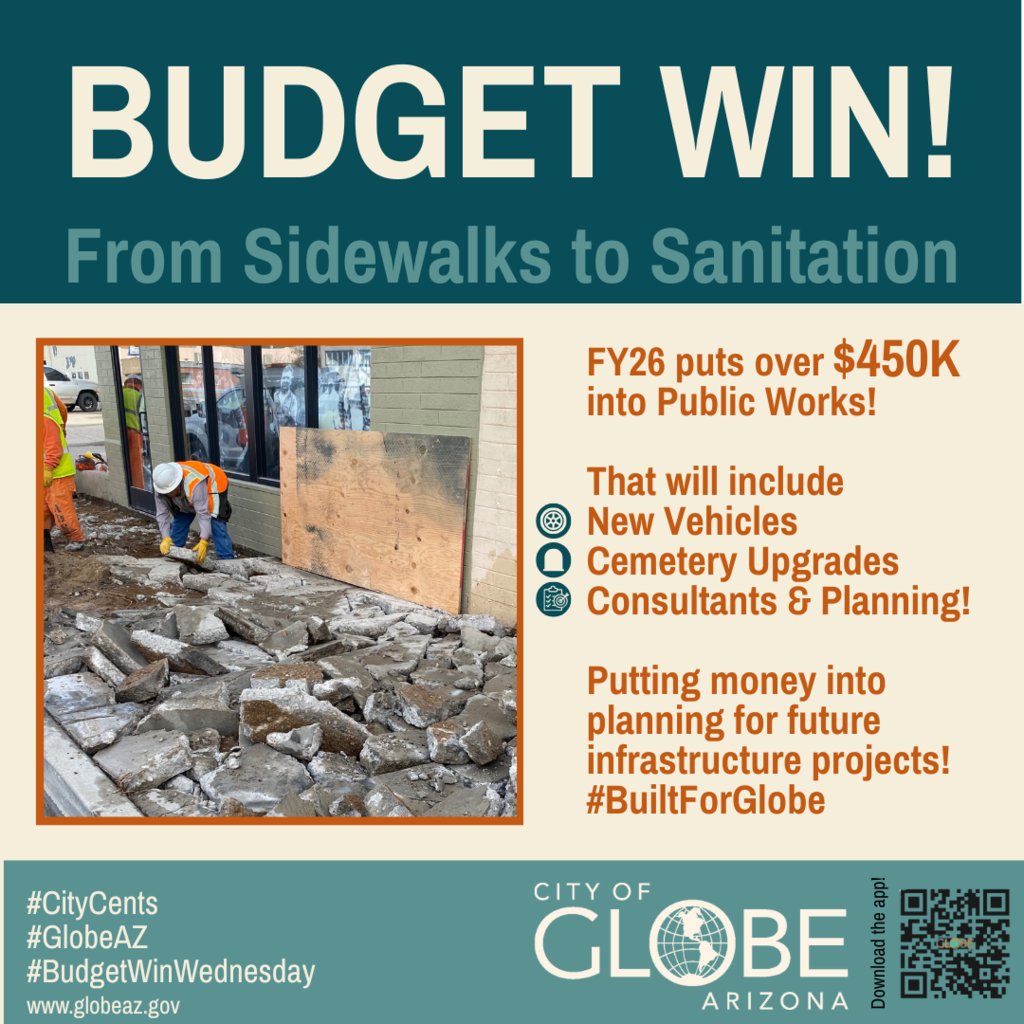 The City of Globe (@city_globe) on Twitter photo From sidewalks to sanitation, FY26 puts over $450K into Public Works!
New vehicles, cemetery upgrades, & consultants to plan future infrastructure projects!
We're less than a week away from the final budget approval for FY26!
Join us for the Council Meeting on 7/8/25 <a href="/6/">Adrián Lamo</a> PM. From sidewalks to sanitation, FY26 puts over $450K into Public Works!
New vehicles, cemetery upgrades, & consultants to plan future infrastructure projects!
We're less than a week away from the final budget approval for FY26!
Join us for the Council Meeting on 7/8/25 <a href="/6/">Adrián Lamo</a> PM.
