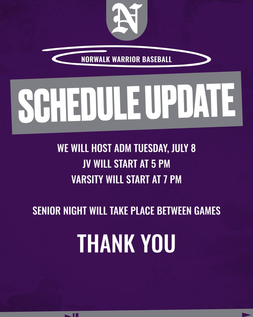 Senior Night
Tuesday, July 8
JV 5 PM
Varsity 7 PM

Senior Night Recognition between games