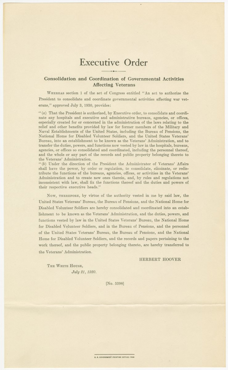 HooverPresLib's tweet image. #OnThisDay July 21, 1930, President Hoover signed E.O. 5398, creating the Veterans Administration by the consolidation of the existing Veterans Bureau, the National Home for Disabled Volunteer Soldiers, and the Bureau of Pensions. Read Hoover Heads blog:
hoover.blogs.archives.gov/2021/07/07/her…