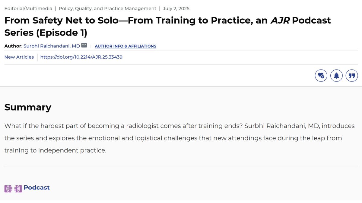arosenkrantzmd's tweet image. New @AJR_Radiology:
"From Safety Net to Solo—From Training to Practice, an AJR Podcast Series (Episode 1)"
By Dr @Rads_is_rad @EmoryUniversity
ajronline.org/doi/10.2214/AJ…