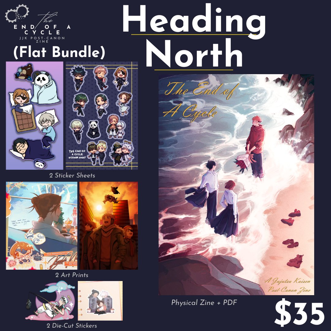 FLAT/HALF-ZINE BUNDLE: HEADING NORTH [$35 USD] 

- 1x physical zine
- 1x digital pdf
- 2x sticker sheets
- 2x art print
- 2x die-cut stickers