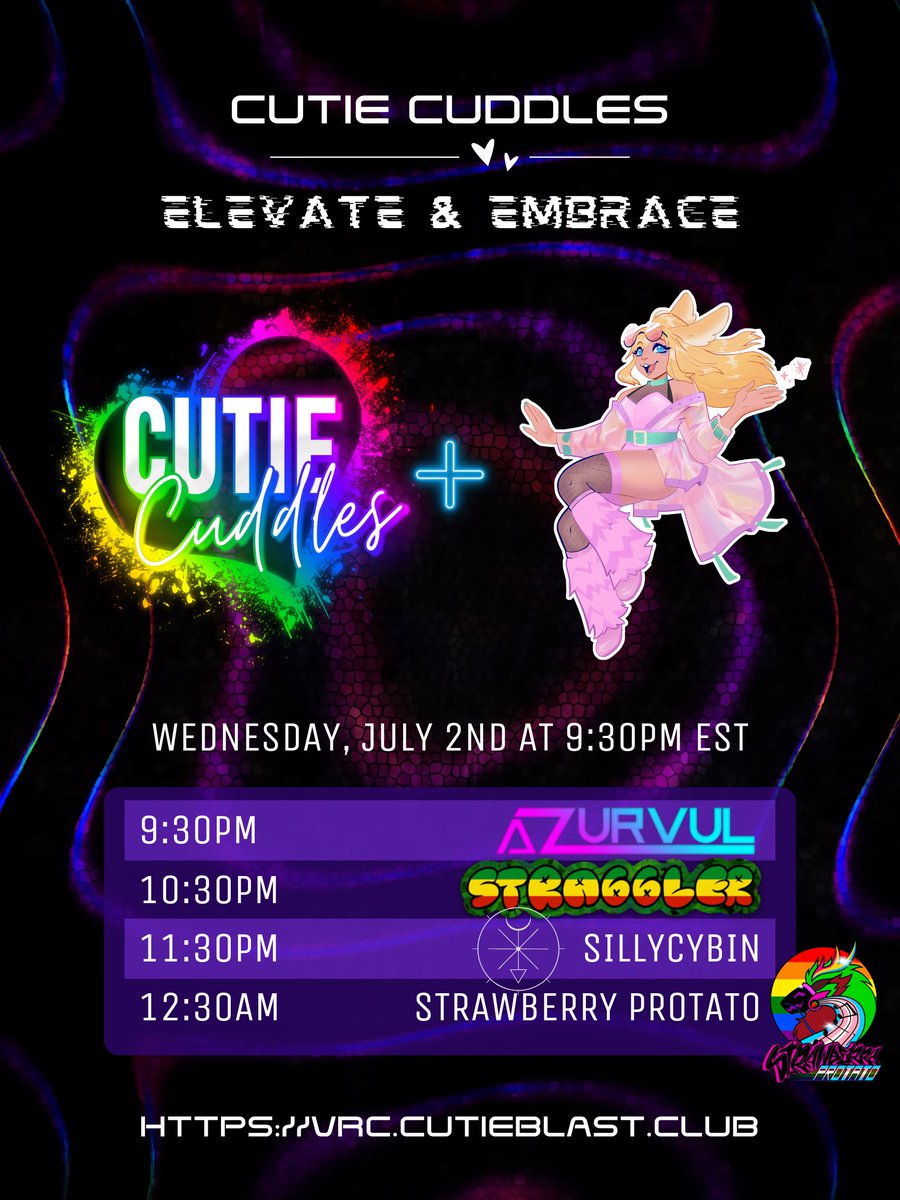 Special edition Cutie Cuddles TONIGHT! Track those chargers so you can settle into our Elevate &amp; Embrace trance night~ vrc.cutieblast.club