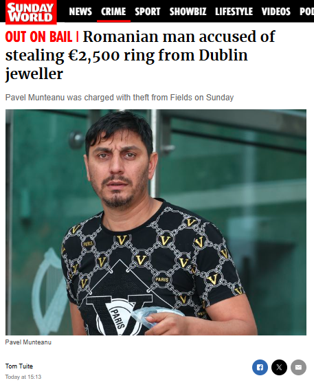 TezTruth81's tweet image. 🚨ROMANIAN MAN accused of stealing €2,500 ring from Dublin jeweller
A new month but the same old story of Romanians in Irish court continues without a break.
Pavel Munteanu (41) was charged with theft from Fields on Sunday and appeared before Judge Patricia Cronin at Dublin…