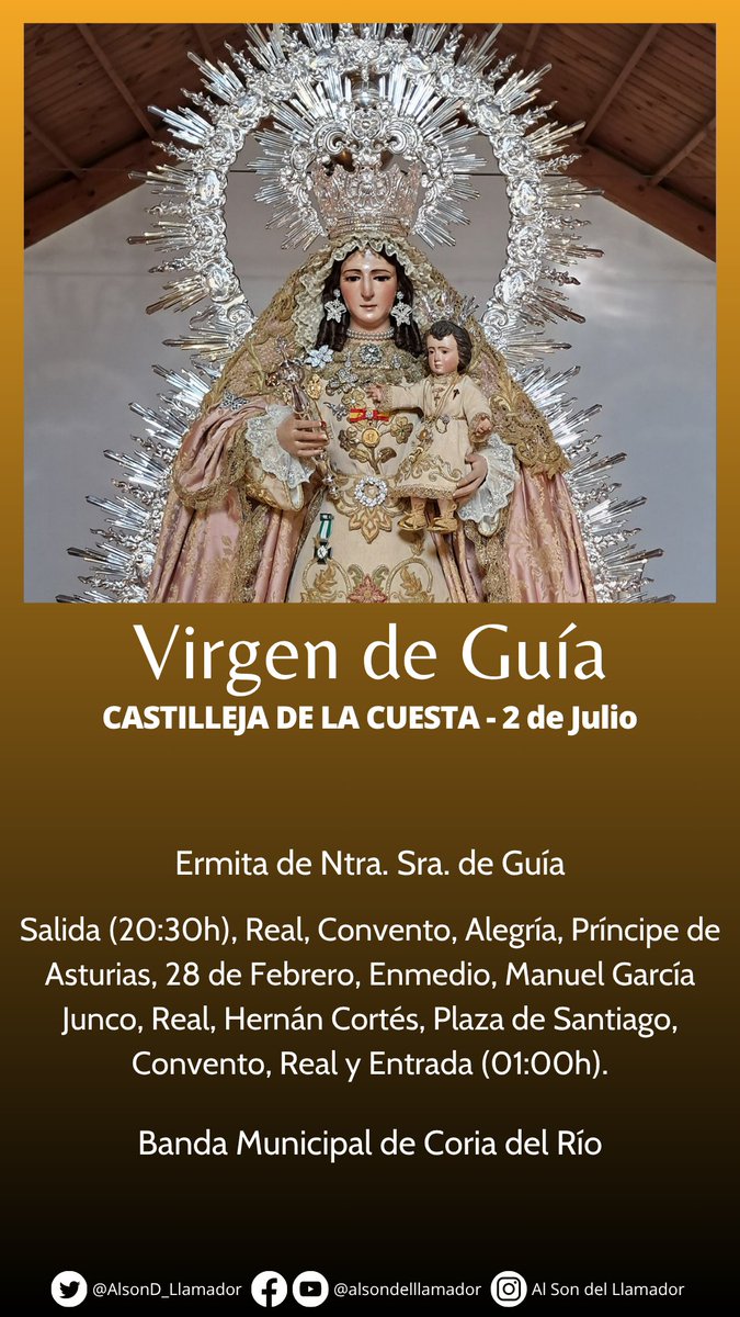 Al Son del Llamador (@alsondllamador) on Twitter photo 🔴 A partir de las 20:30h, saldrá la Virgen de Guía de <a href="/APVirgendeGuia/">Asociación Parroquial Ntra. Sra. de Guía</a> por las calles de Castilleja de la Cuesta, con la <a href="/BandadeCoria/">BM Coria del Río</a>.
#TDSCofrade #AljarafeCofrade 🔴 A partir de las 20:30h, saldrá la Virgen de Guía de <a href="/APVirgendeGuia/">Asociación Parroquial Ntra. Sra. de Guía</a> por las calles de Castilleja de la Cuesta, con la <a href="/BandadeCoria/">BM Coria del Río</a>.
#TDSCofrade #AljarafeCofrade