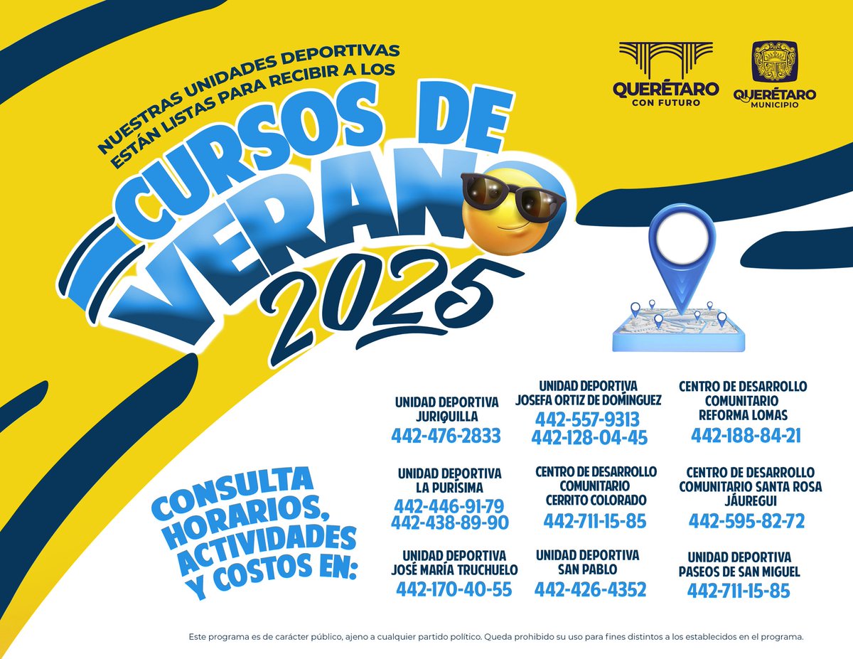 ¡Llegaron los cursos de verano a las deportivas del municipio!
Niñas y niños podrán vivir  un verano lleno de movimiento, juegos y nuevas experiencias 🏃‍♀️⚽🎨

📲 Consulta horarios, actividades y costos en los teléfonos de la imagen.