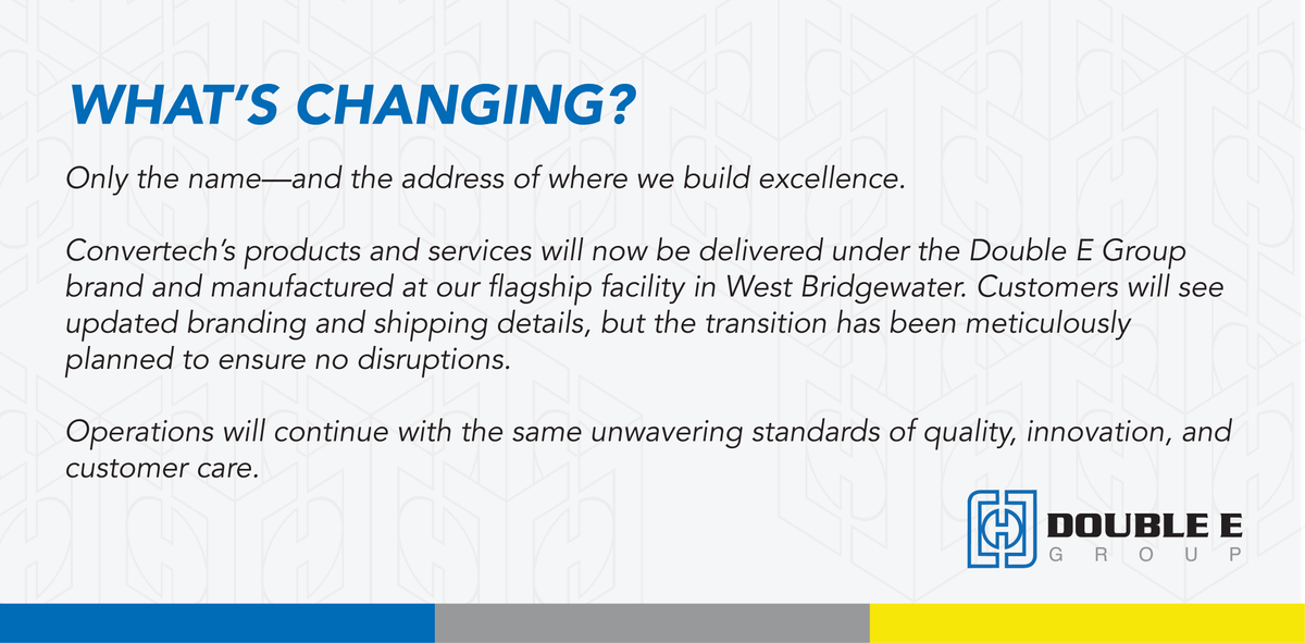 convertechinc's tweet photo. Convertech, a subsidiary of @DoubleECompany and a trusted provider of core chucks and shaft solutions for the converting industry, will now operate solely under the Double E Group brand.
Learn more: https://t.co/kncOTp6mNY
#DoubleEGroup #Convertech https://t.co/V5LgcOPK7H