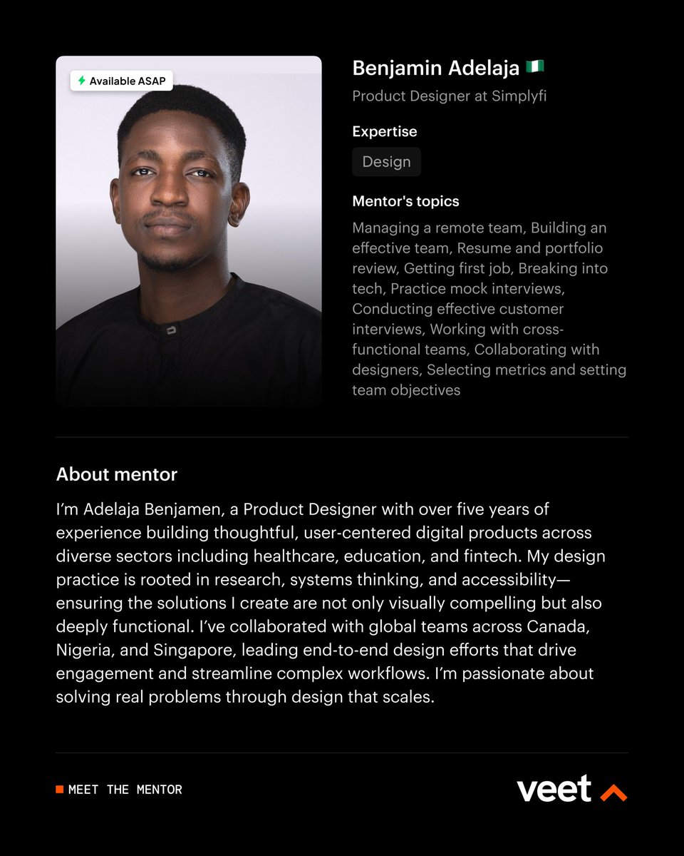 joinveet's tweet image. Meet our new mentor on Veet
Adelaja Benjamin | Product Designer
With 5+ years of experience, @OluseyiAdelaja creates functional, user-centered products rooted in research, systems thinking & accessibility.
🎨 Book a session: joinveet.com/mentor/benjami…
#ProductDesign #Mentorship