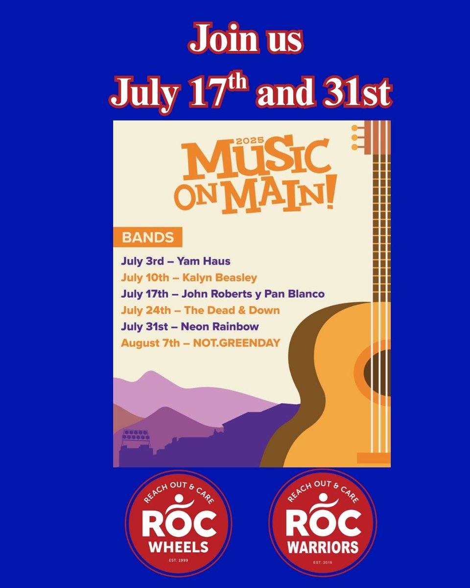 ROCWheels's tweet photo. Join us in July for Music on Main!  ✝️  🙏  ❤️  ♿ 

 #charity #Nonprofit #grateful 

https://t.co/Jqs0Do54Gy https://t.co/FwmLxar1qr