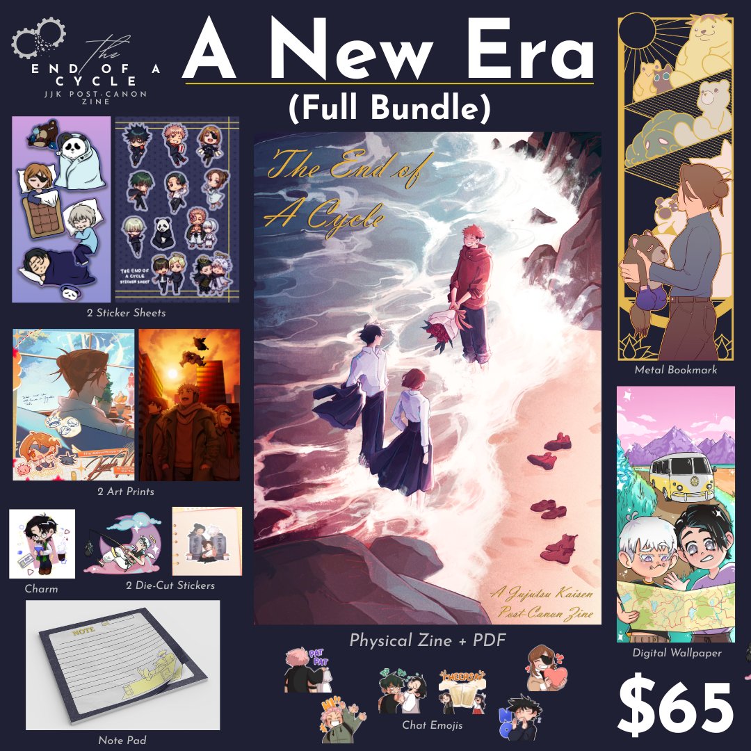 FULL BUNDLE: A NEW ERA [$65 USD]

- 1x physical zine
- 1x digital pdf
- 2x sticker sheets
- 2x art print
- 2x die-cut stickers
- 1x acrylic charm
- 1x notepad
- 1x metal bookmark
- 1x digital wallpaper
- 6x chat emojis