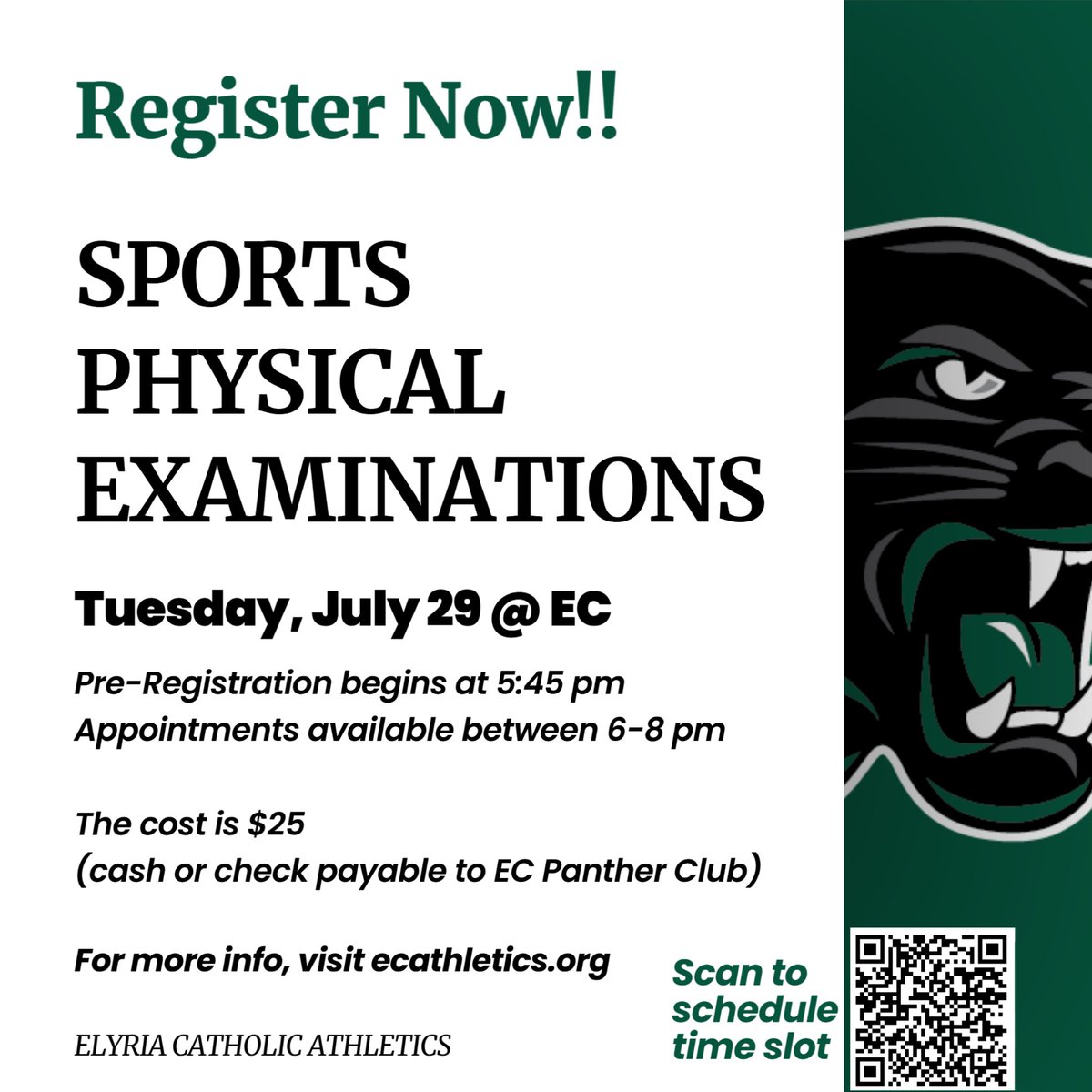 Is your student-athlete ready for the upcoming season? Join us later this month for our Sports Physical Day at Elyria Catholic! 💪⚽🏀🏈⚾

🗓️ Spots are still available!
📍 All details and contact info are included in the graphic below.