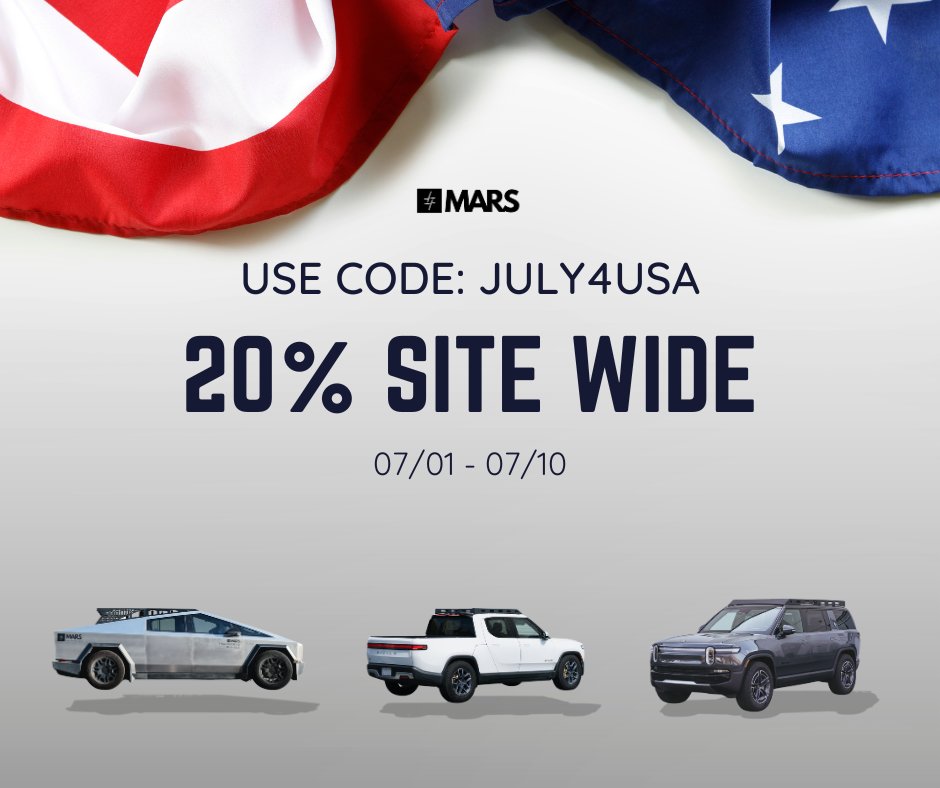marsagco's tweet image. Happy Independence Week! Enjoy 20% off sitewide! From rooftop tents, racks, crossbars, to pure titanium camping gear. What are you waiting for? Sale ends 7/10. Bundles excluded. Grab yours at marsag.co @cybertruck @Rivian