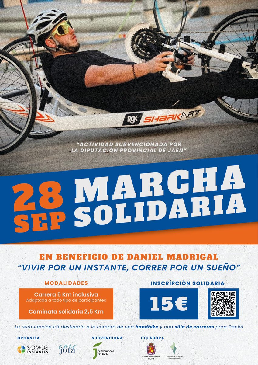 La fundación Somos Instantes organiza, con el apoyo del @patronatoj, la Marcha Solidaria “Vivir por un instante, correr por un sueño” del 28 de septiembre, cuya recaudación servirá para comprar una handbike ♿️ a Daniel Madrigal

Inscripción: 15 💶

🌐 fundacionsomosinstantes.org/eventos/vivir-…