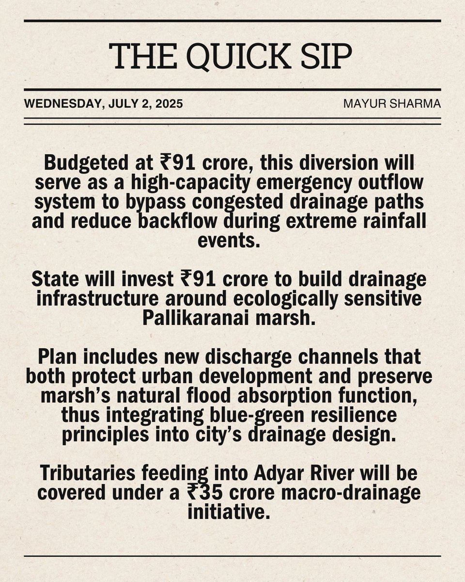 Mayur Sharma (@mayur259) on Twitter photo #WaterNews: Tamil Nadu Launches ₹338 Crore Flood Mitigation Plan for Chennai, Tiruvallur & Kanchipuram: ₹260 Cr for City Alone, New Canals, Reservoirs & Drains Planned.
@crpaatil <a href="/DoWRRDGR_MoJS/">Ministry of Jal Shakti, DoWR, RD&GR, GoI</a> @adb_hq <a href="/mkstalin/">M.K.Stalin</a> @chn_metro_water @chief_secy_tn @mawstamilnadu <a href="/tamilnadu_wrd/">Tamil Nadu Water Resources Department</a> #WaterNews: Tamil Nadu Launches ₹338 Crore Flood Mitigation Plan for Chennai, Tiruvallur & Kanchipuram: ₹260 Cr for City Alone, New Canals, Reservoirs & Drains Planned.
@crpaatil <a href="/DoWRRDGR_MoJS/">Ministry of Jal Shakti, DoWR, RD&GR, GoI</a> @adb_hq <a href="/mkstalin/">M.K.Stalin</a> @chn_metro_water @chief_secy_tn @mawstamilnadu <a href="/tamilnadu_wrd/">Tamil Nadu Water Resources Department</a>